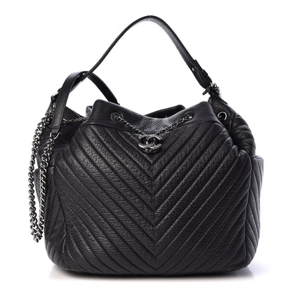 Chanel Deerskin Chevron Large CC Chain Bucket Drawstring Bag Black 1 of 10
