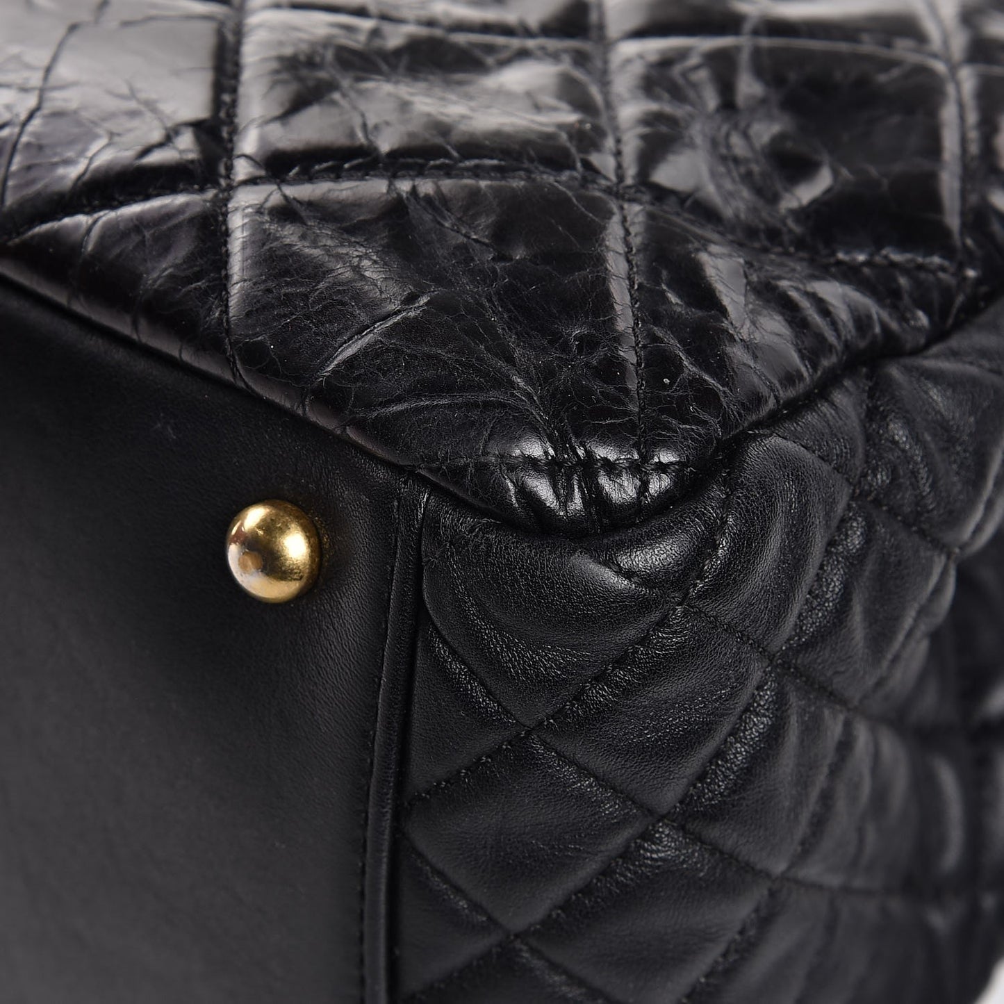 Glazed Calfskin Quilted Mademoiselle Tote Black