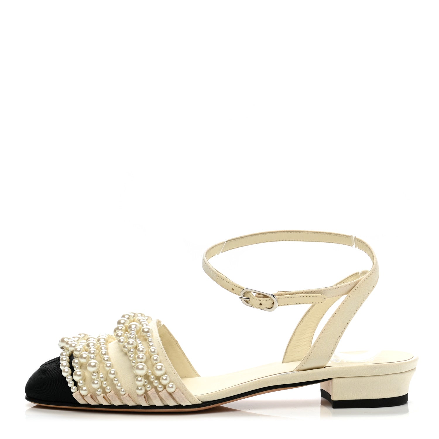 Chanel Lambskin Grosgrain Pearl Slingbacks 37.5 Ivory Black 1 of 12
