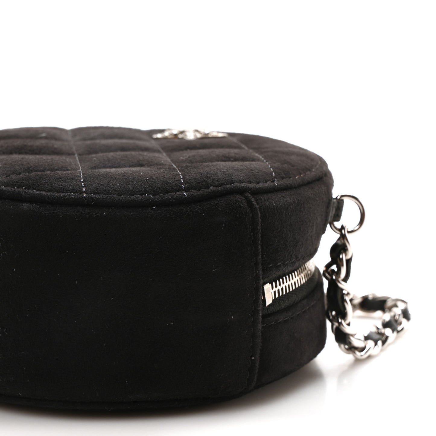 Suede Quilted Crystal Round Clutch With Logo Chain Black