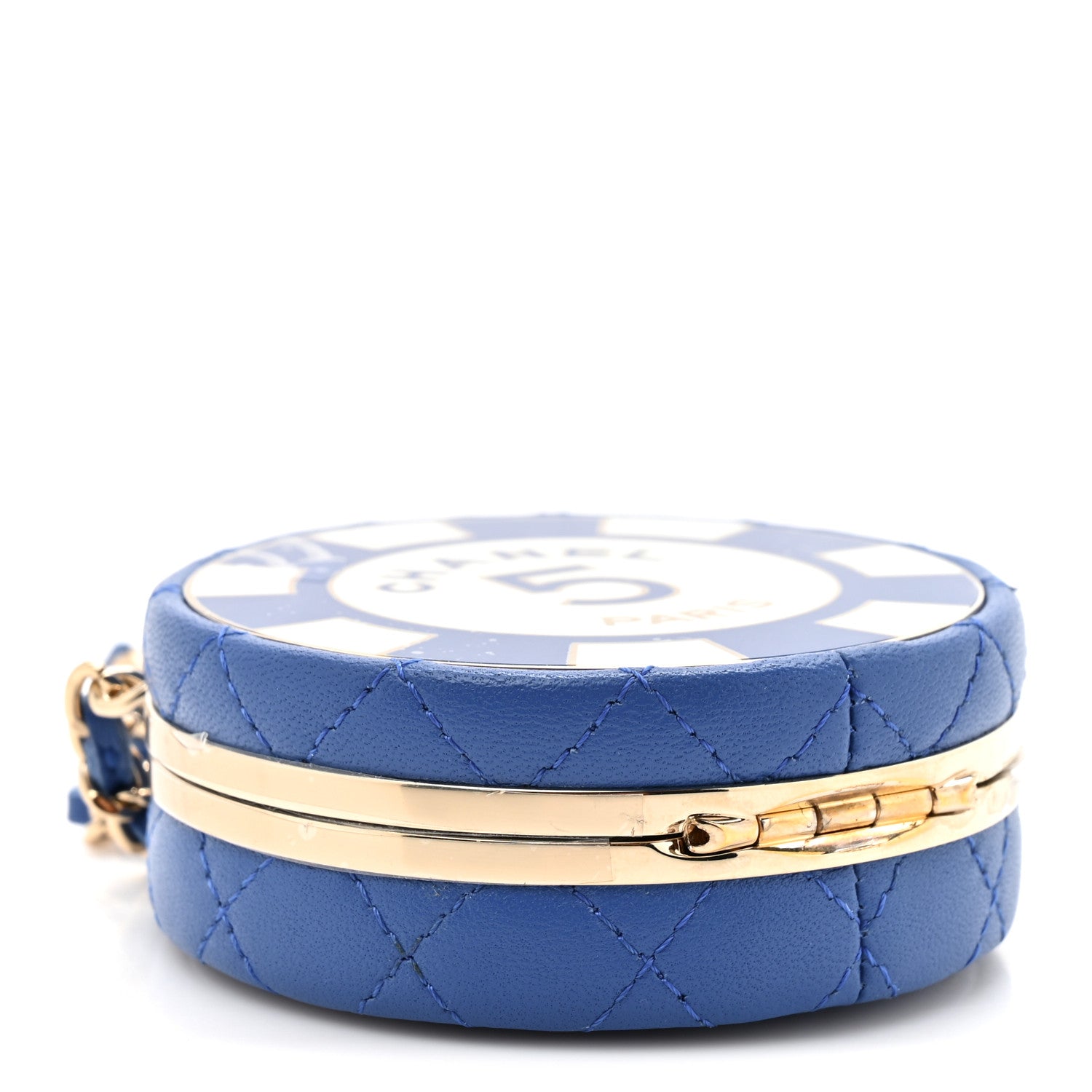 Chanel Lambskin Enamel Quilted Round Poker Chip Clutch With Chain