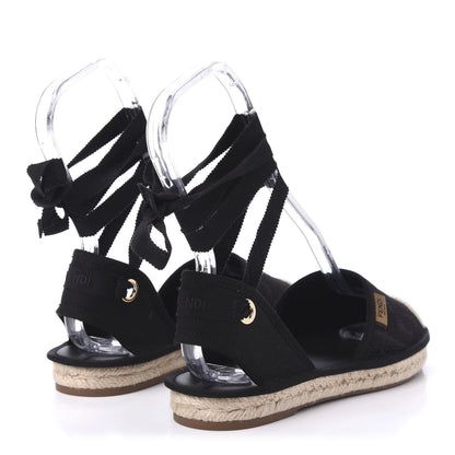 Fendi Canvas FF Embroidered Roma Ankle Wrap Flat Espadrilles 37.5 Black 4 of 7