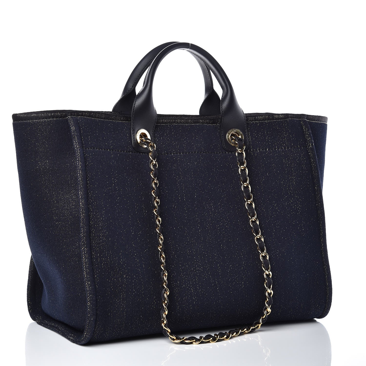 Chanel Lurex Canvas Medium Deauville Tote Navy Blue Gold 3 of 10