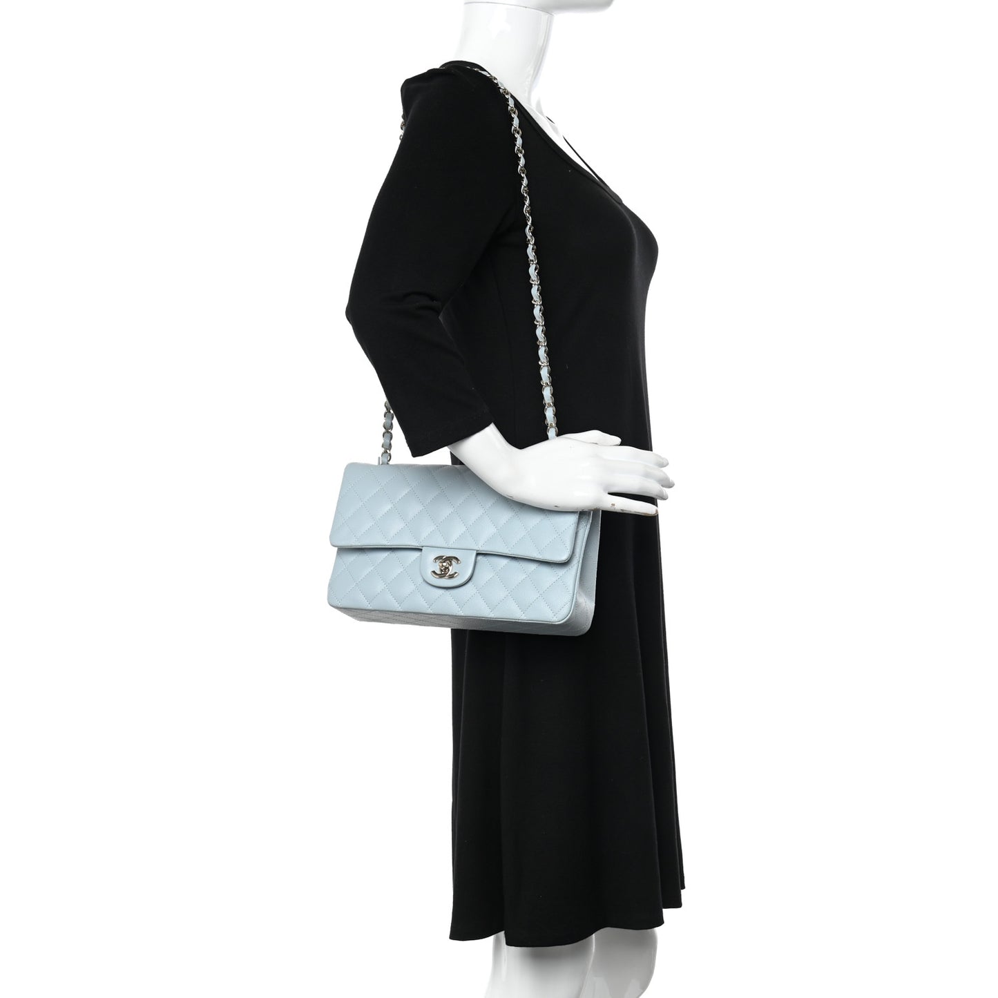 Caviar Quilted Medium Double Flap Light Blue