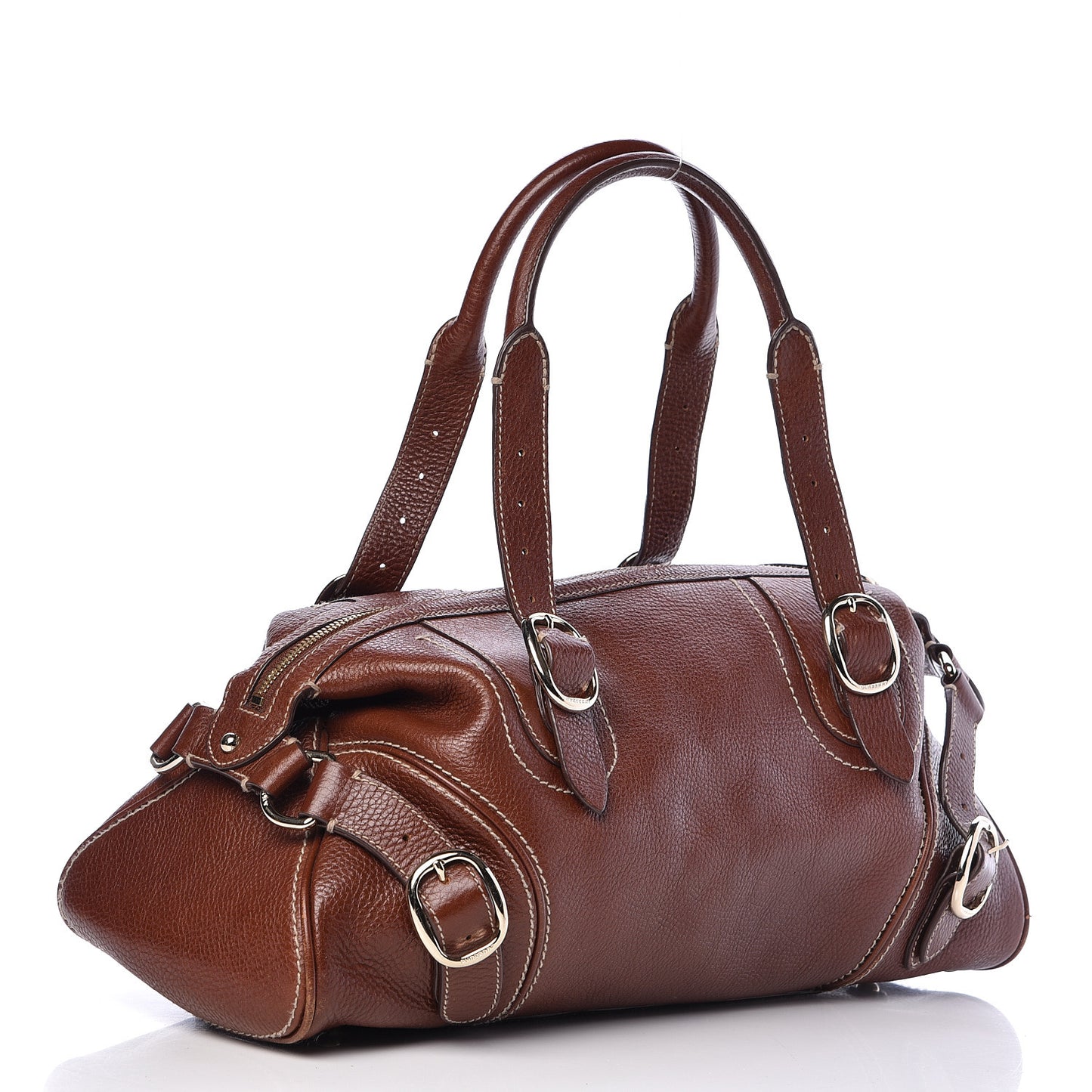 Grained Calfskin Satchel Brown