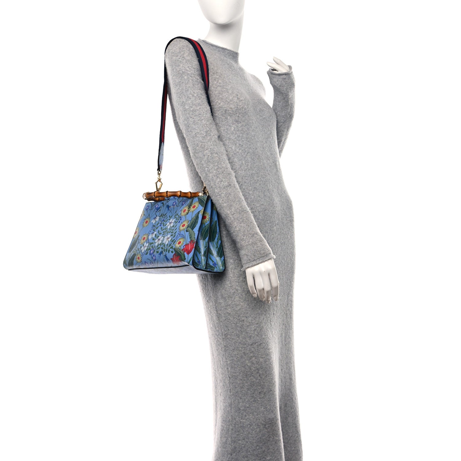 Gucci Calfskin Bamboo Web New Flora Small Nymphaea Top Handle Bag Azure 2 of 15