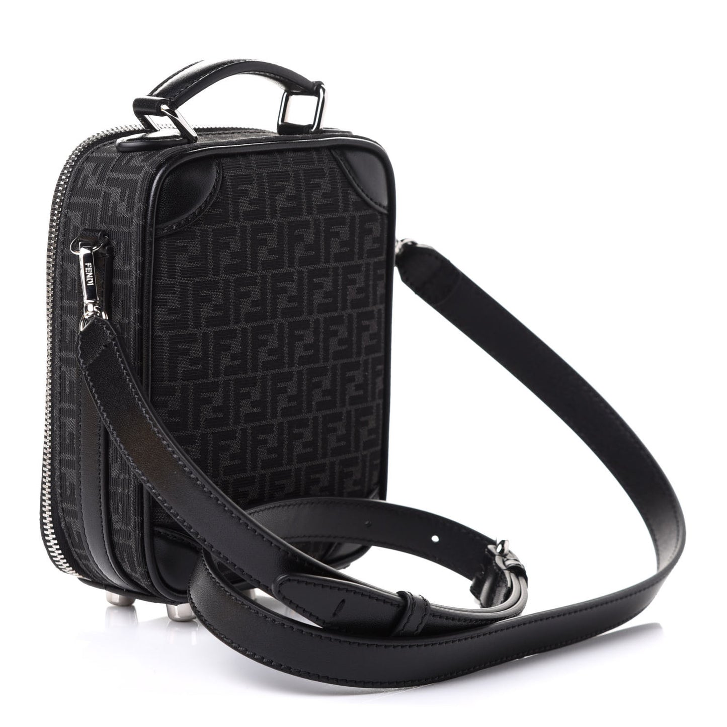 Recycled Fabric Jacquard Vitello Astro Micro FF Mini Trolley Bag Asfalto Black
