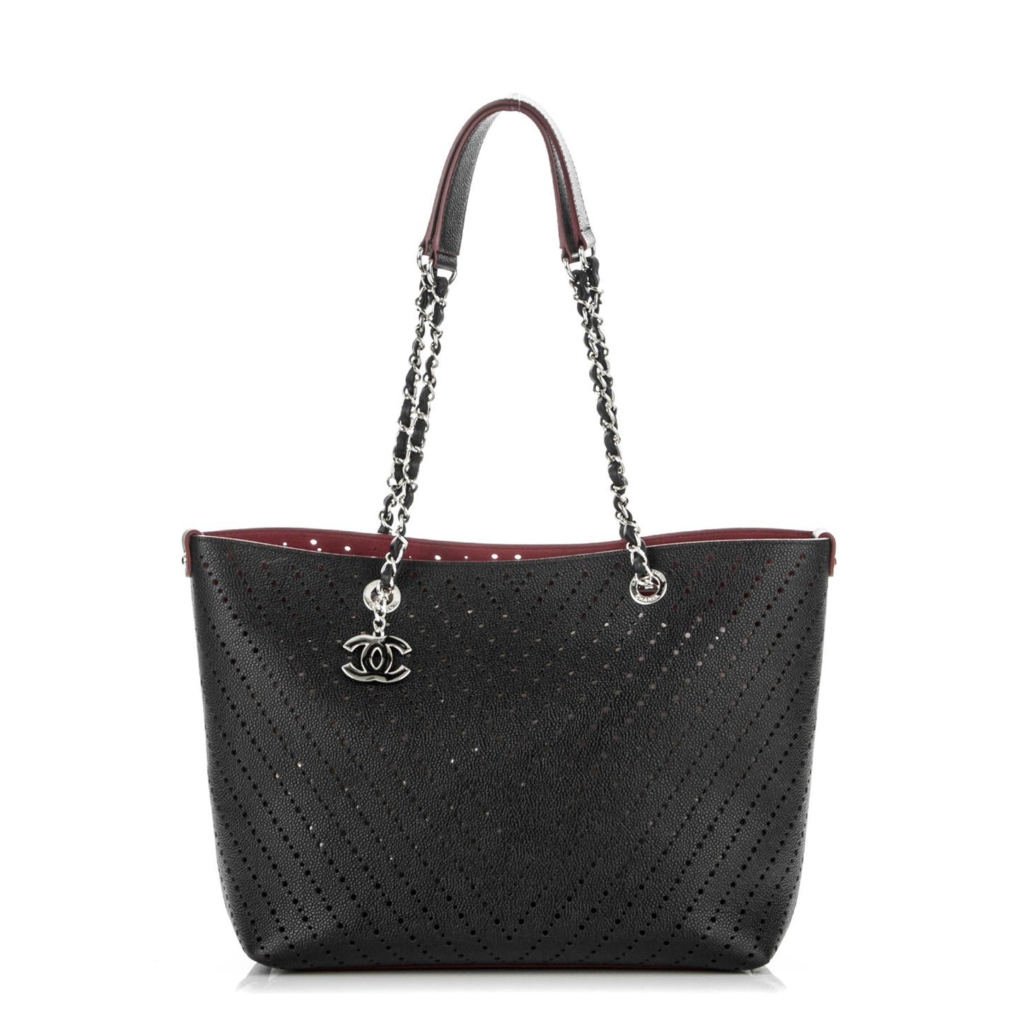 Perforated Grained Calfskin Large Shopping Tote Black
