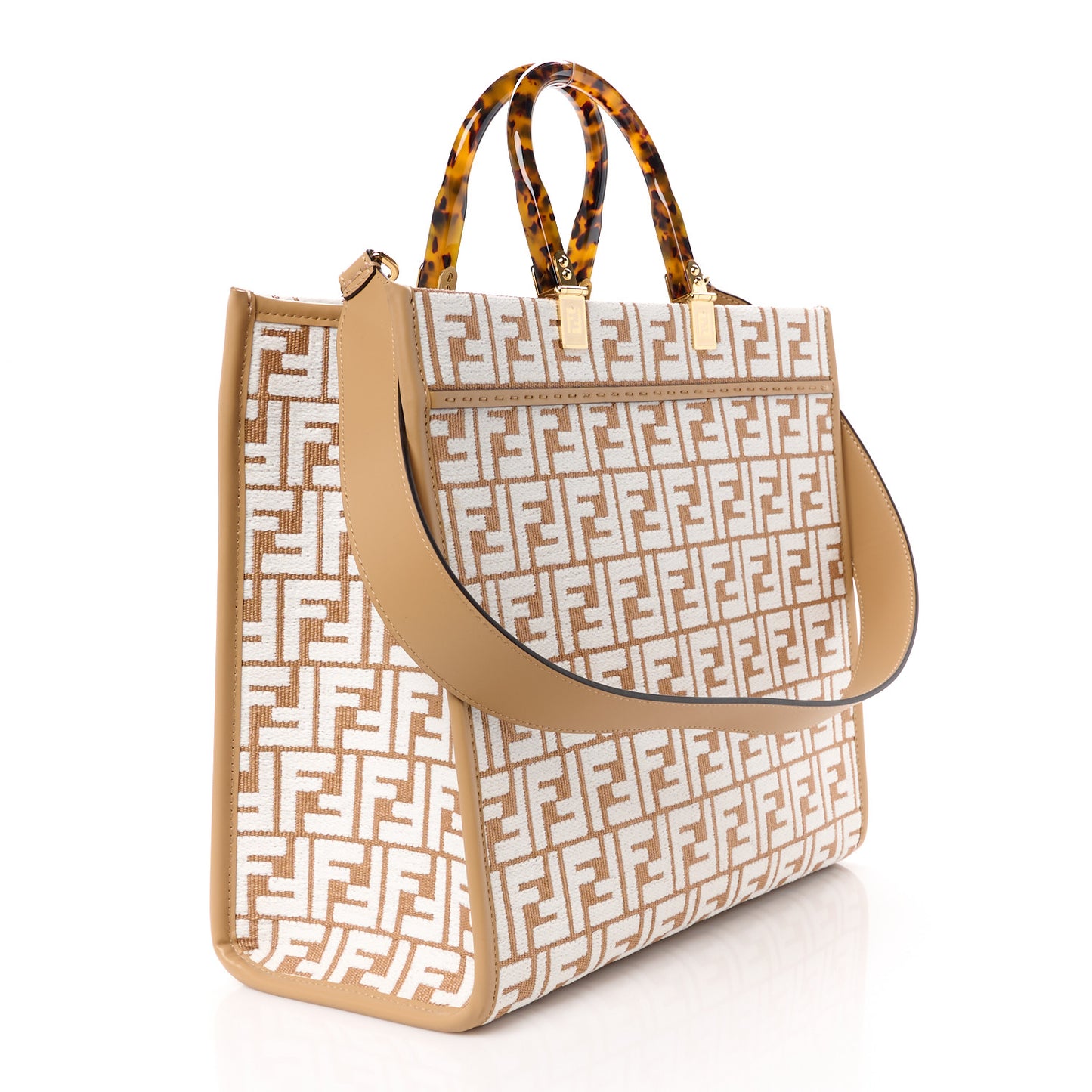 Woven Fabric Calfskin FF Medium Fendi Sunshine Shopper Tote Natural White Dark Honey