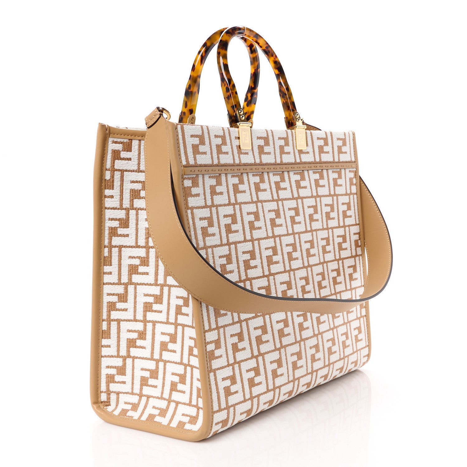 Fendi Woven Fabric Calfskin FF Medium Fendi Sunshine Shopper Tote Natural White Dark Honey 3 of 10