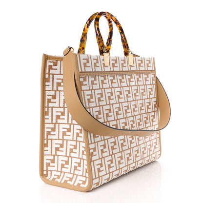 Fendi Woven Fabric Calfskin FF Medium Fendi Sunshine Shopper Tote Natural White Dark Honey 3 of 10