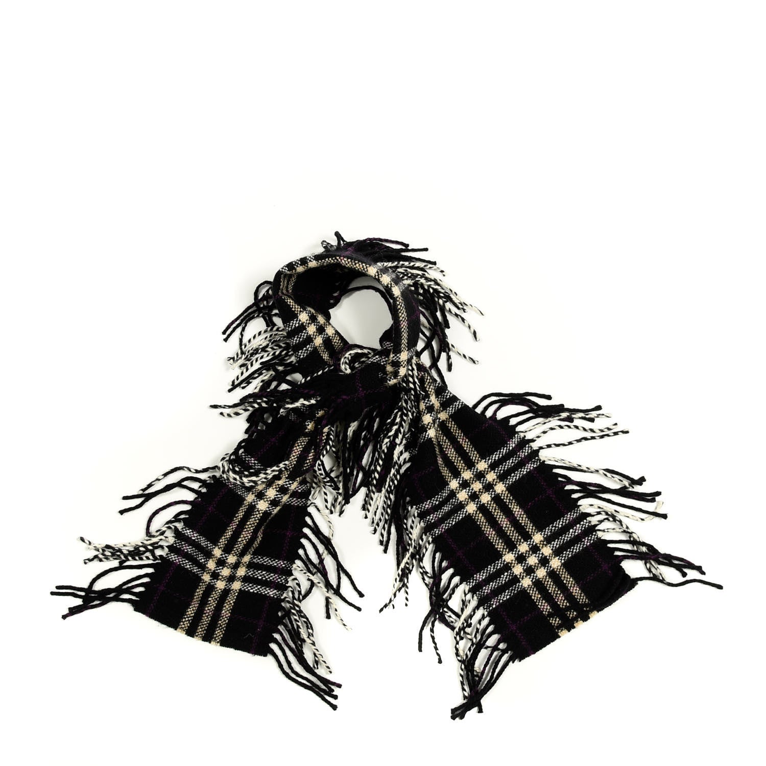Burberry Wool Cashmere Check Happy Fringe Scarf Black 1 of 3