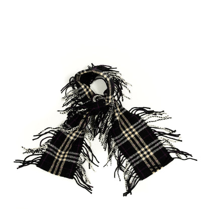 Burberry Wool Cashmere Check Happy Fringe Scarf Black 1 of 3