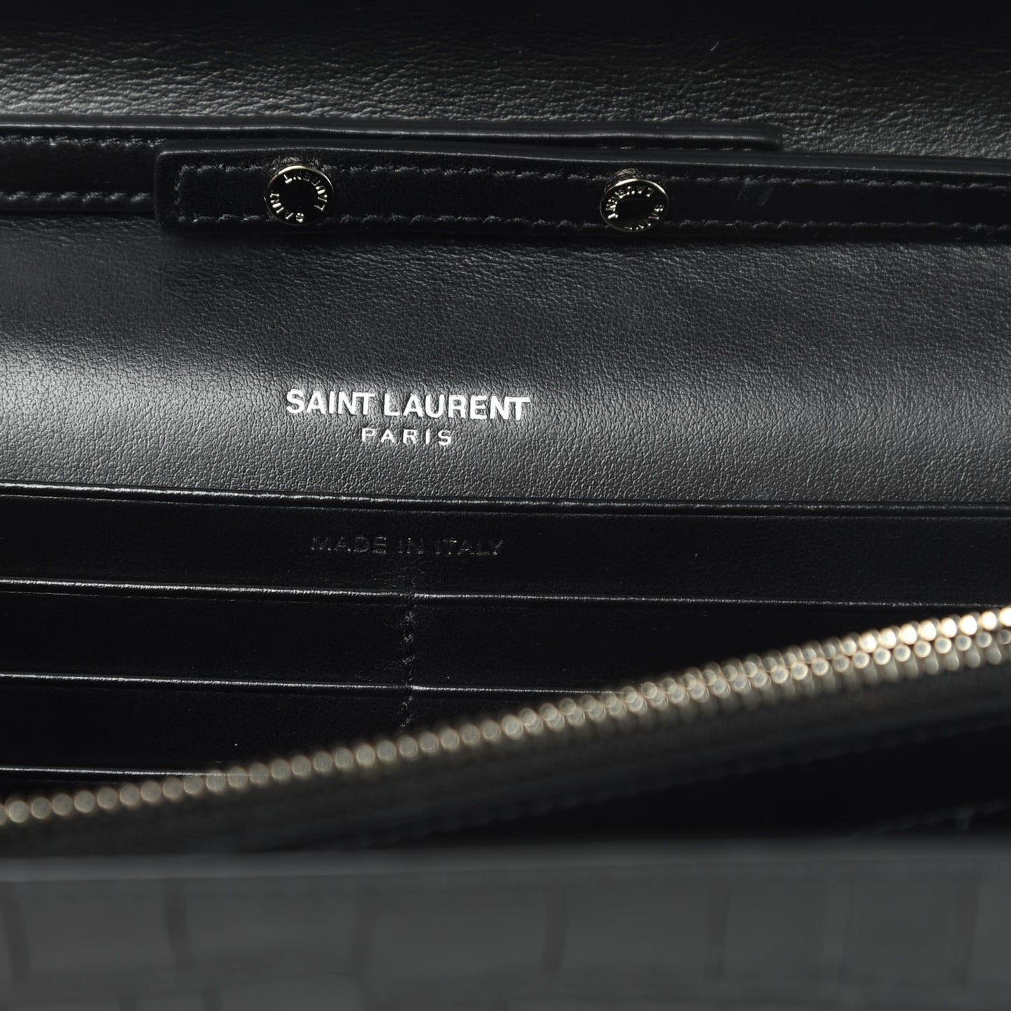 Calfskin Crocodile Embossed Monogram Chain Wallet Black