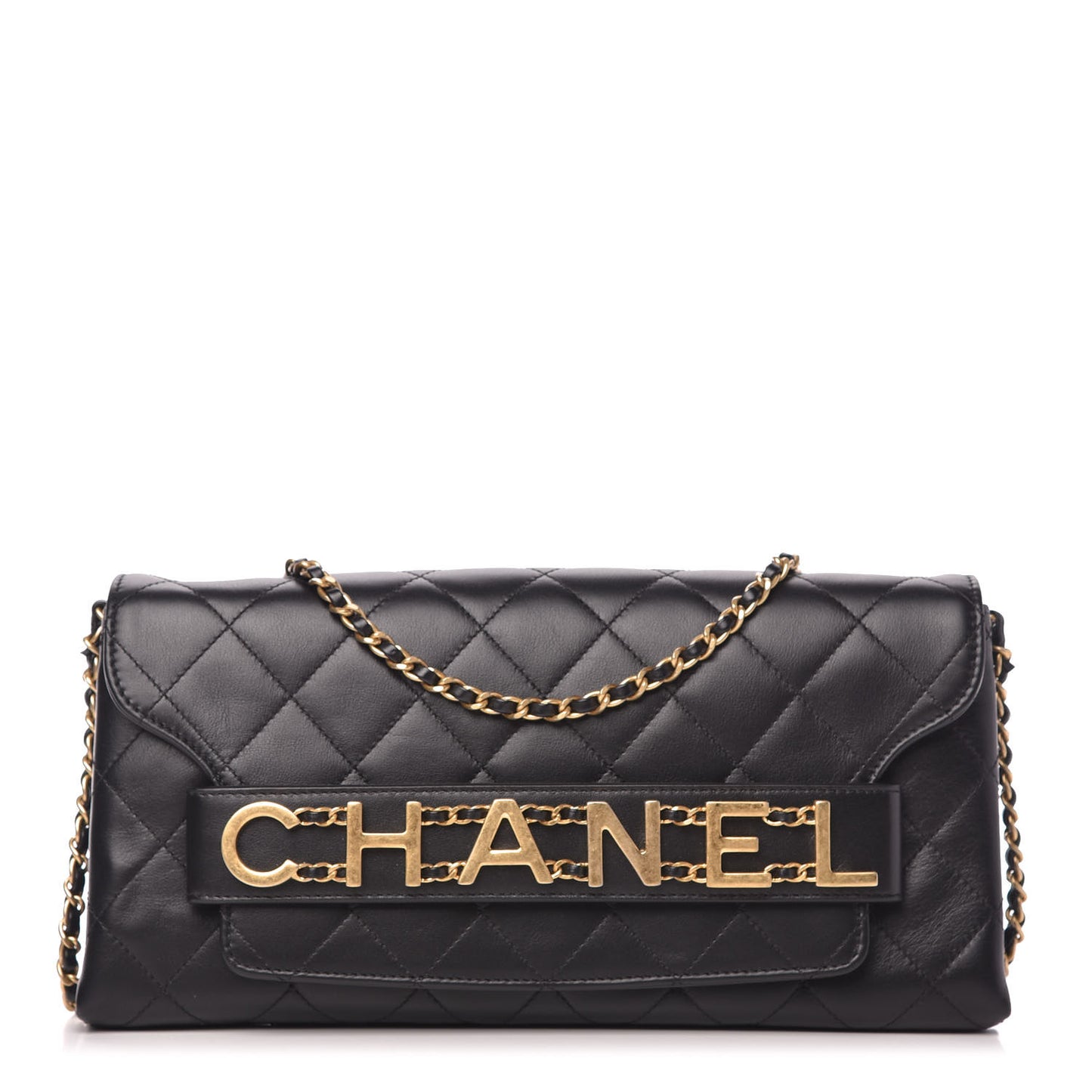Calfskin Quilted Enchained Clutch Black