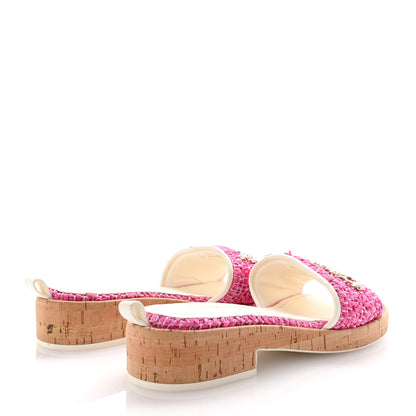 Chanel Tweed Cork Mule Sandal 39  Pink White 5 of 10