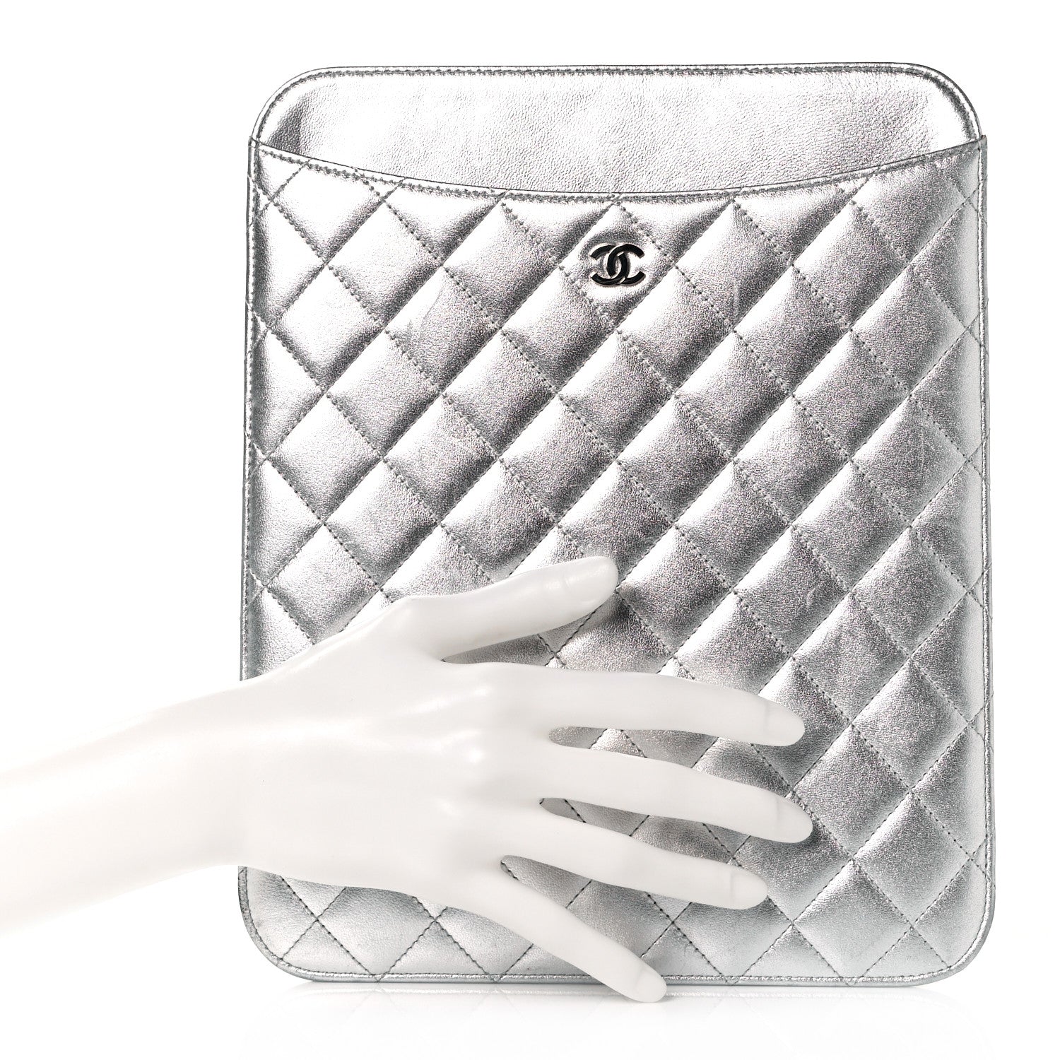 Chanel Metallic Lambskin Quilted iPad Case Sleeve Silver 2 of 9
