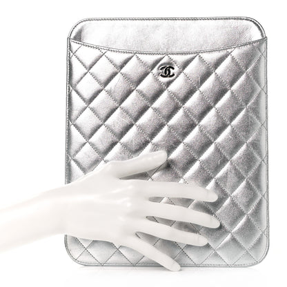Chanel Metallic Lambskin Quilted iPad Case Sleeve Silver 2 of 9