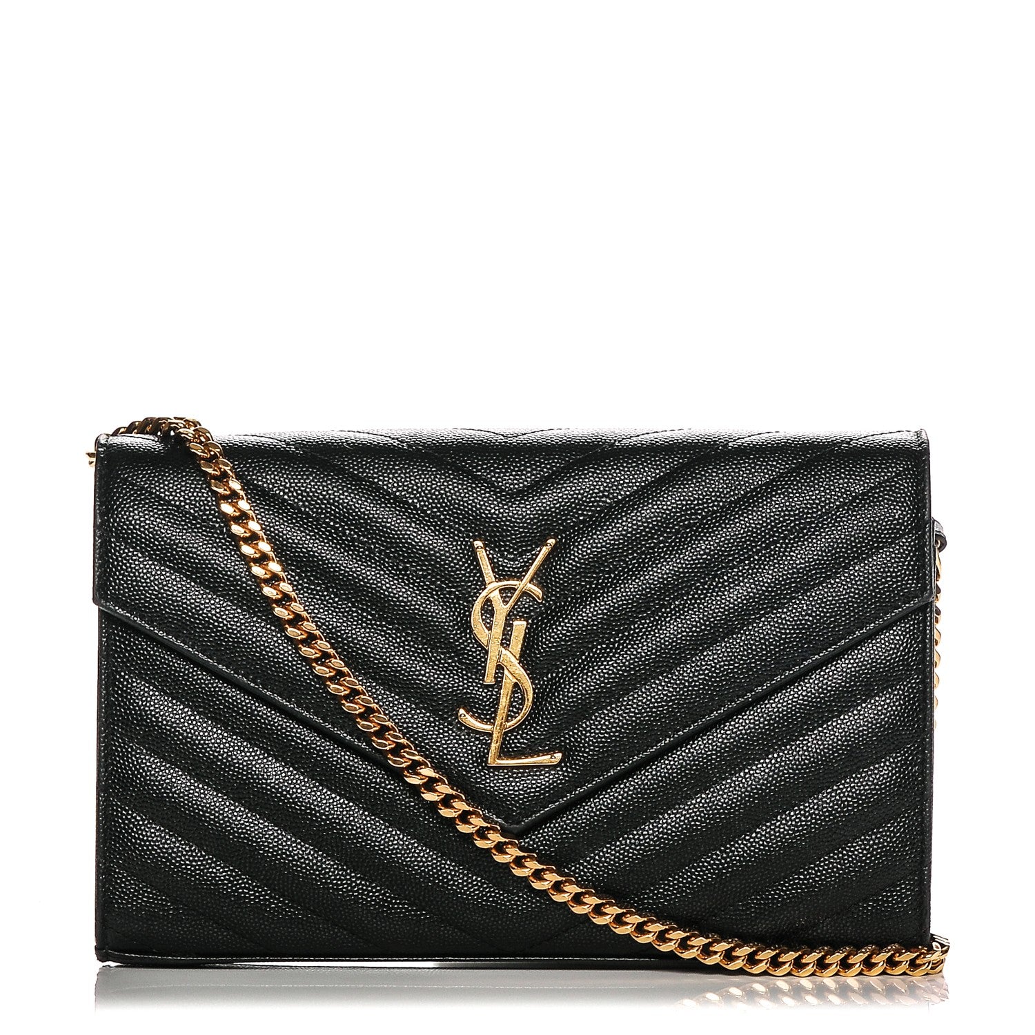 Saint Laurent Grain De Poudre Matelasse Chevron Monogram Chain Wallet Black 1 of 6