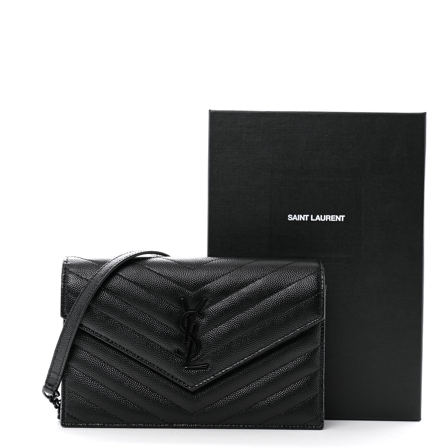 Grain De Poudre Matelasse Chevron Monogram Monochrome Envelope Chain Wallet Black