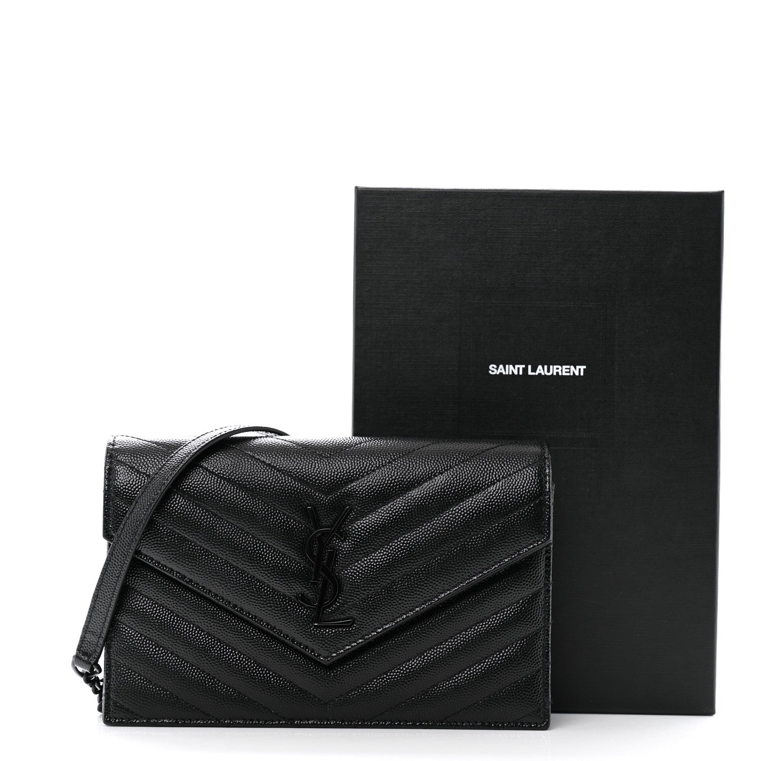 Saint Laurent Grain De Poudre Matelasse Chevron Monogram Monochrome Envelope Chain Wallet Black 14 of 14