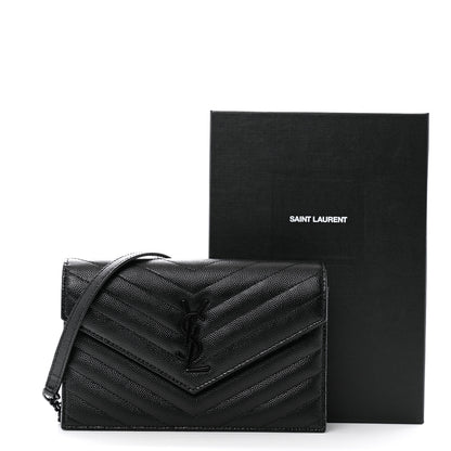 Saint Laurent Grain De Poudre Matelasse Chevron Monogram Monochrome Envelope Chain Wallet Black 14 of 14