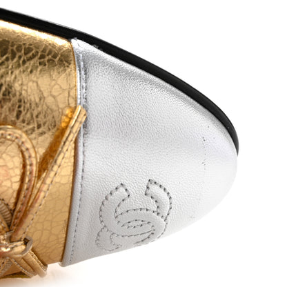 Chanel Metallic Crackled Laminated Calfskin CC Cap Toe Ballerina Flats 37.5 Gold Silver 10 of 11