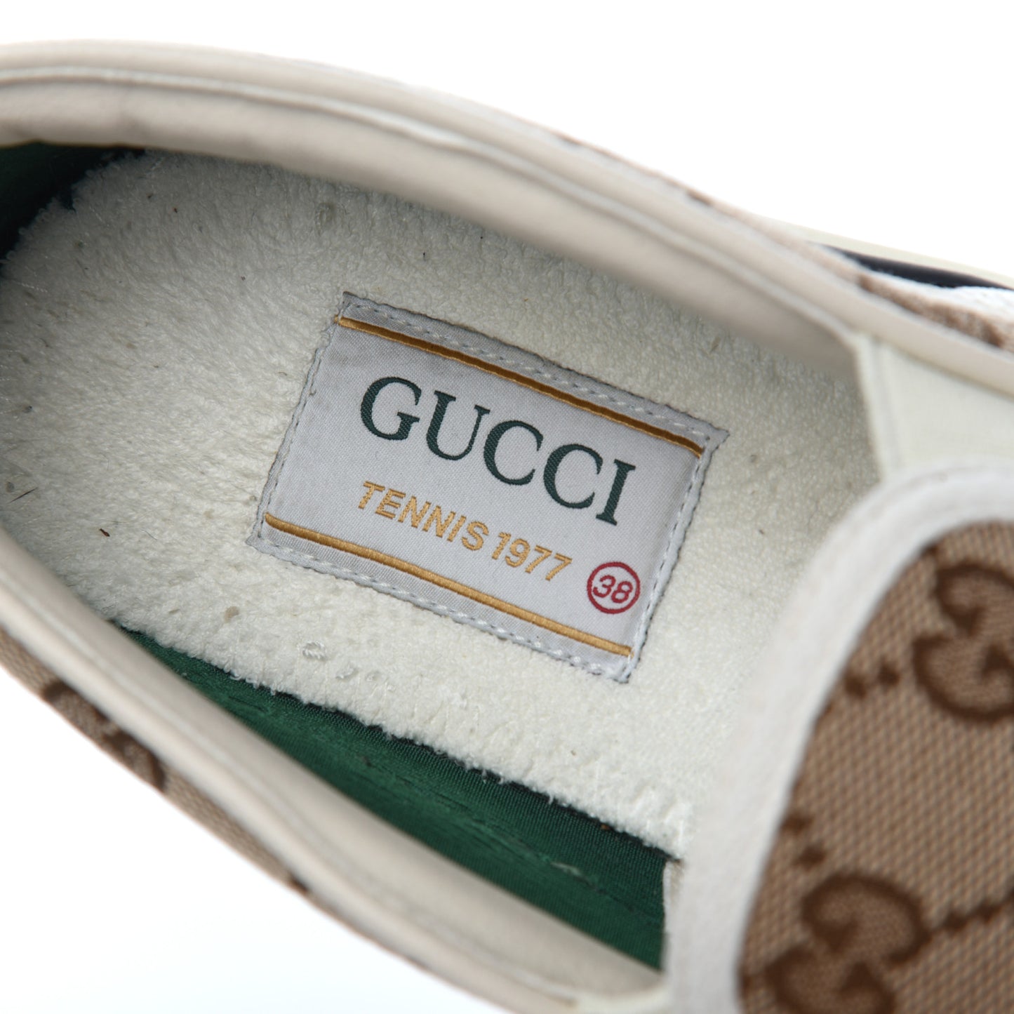 GG Monogram Womens 1977 Tennis Slip On 30mm Sneakers 38 Beige Ebony Mystic White