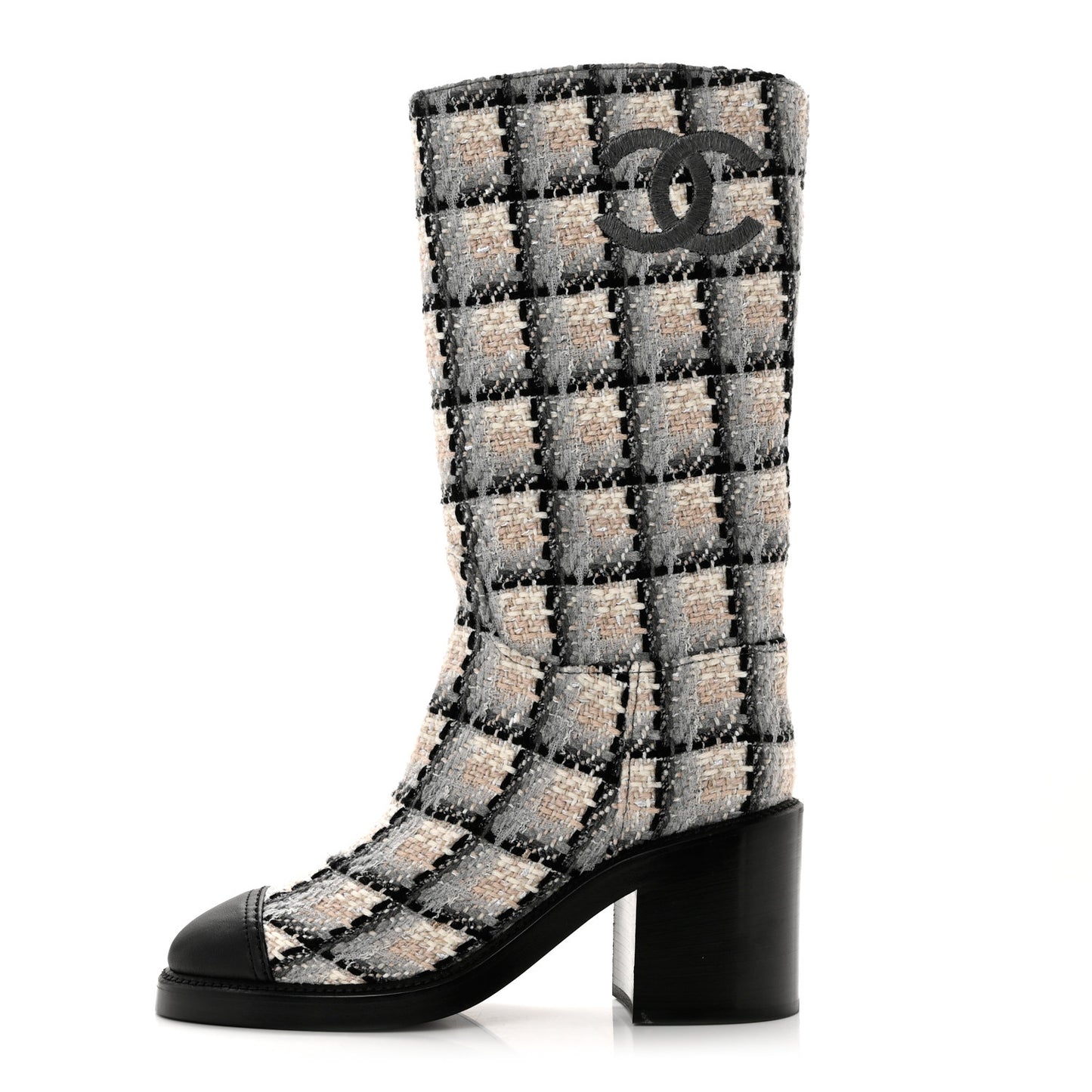Wool Tweed Calfskin Cap Toe High Boots 39 Black Ivory Beige Grey