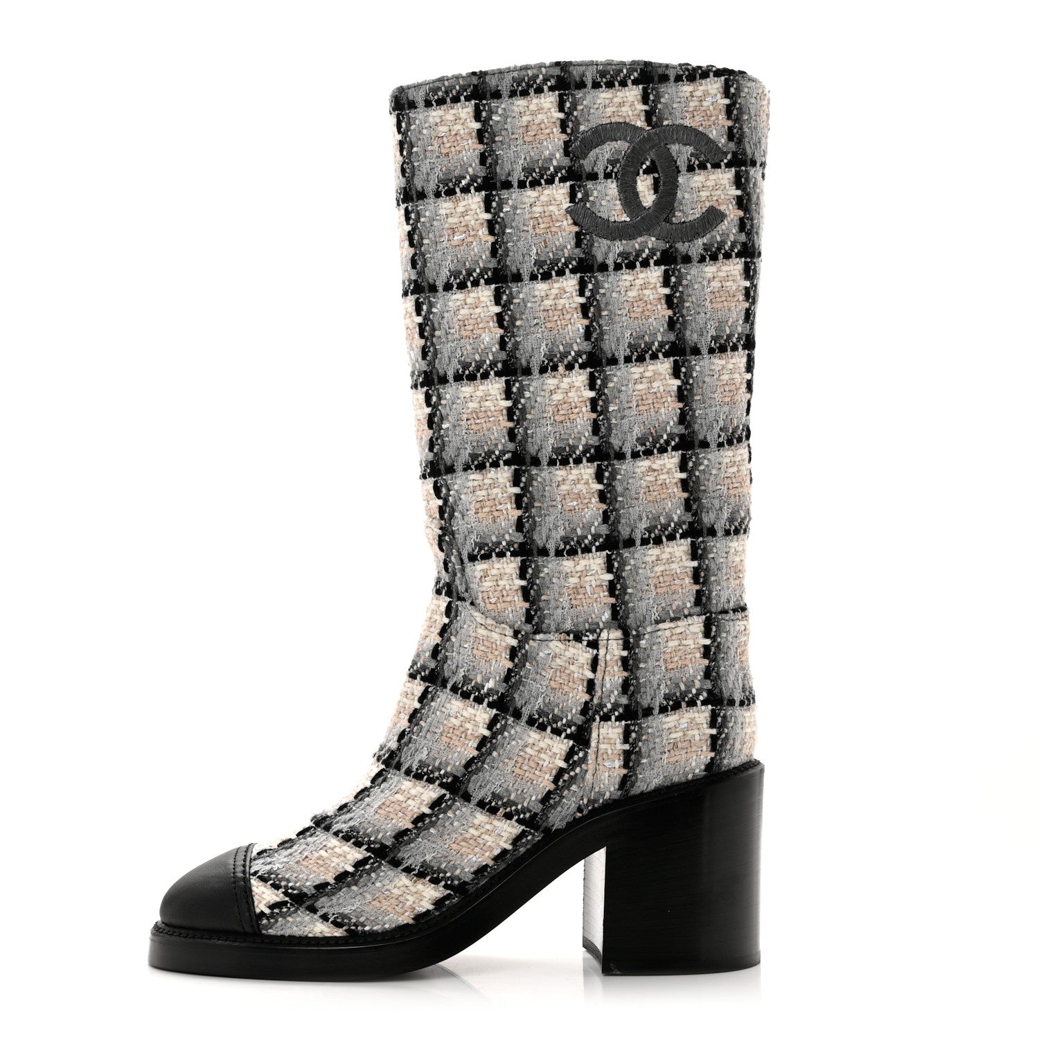 Chanel Wool Tweed Calfskin Cap Toe High Boots 39 Black Ivory Beige Grey 1 of 7