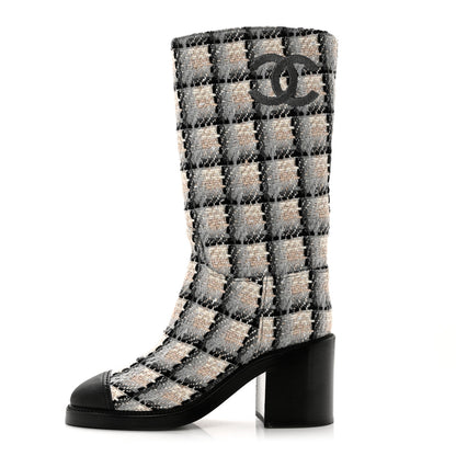 Chanel Wool Tweed Calfskin Cap Toe High Boots 39 Black Ivory Beige Grey 1 of 7