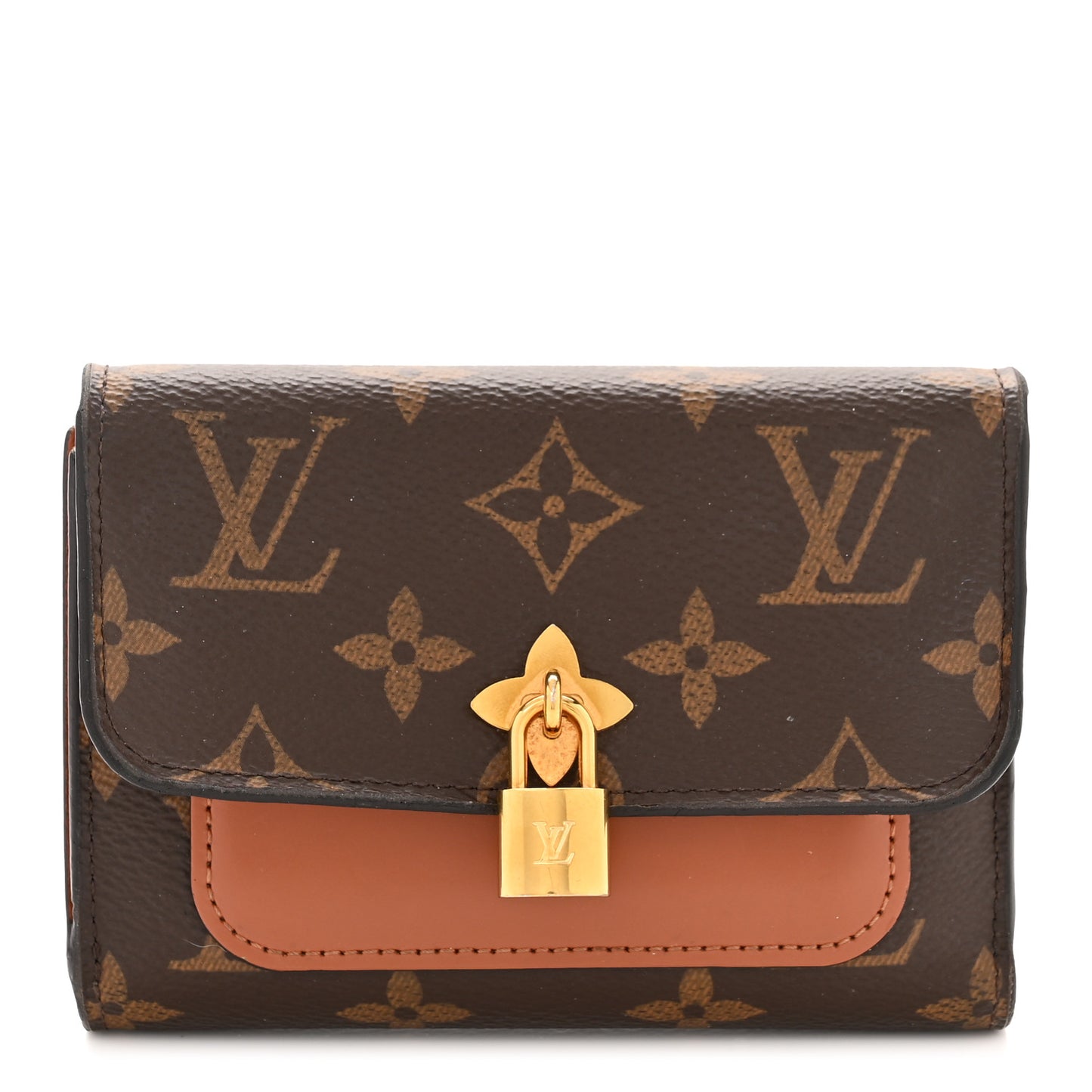 Monogram Flower Lock Compact Wallet Caramel