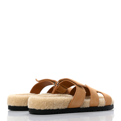 Hermes Suede Goatskin Woolskin Womens Chypre Sandals 37 Golden Beige 4 of 8