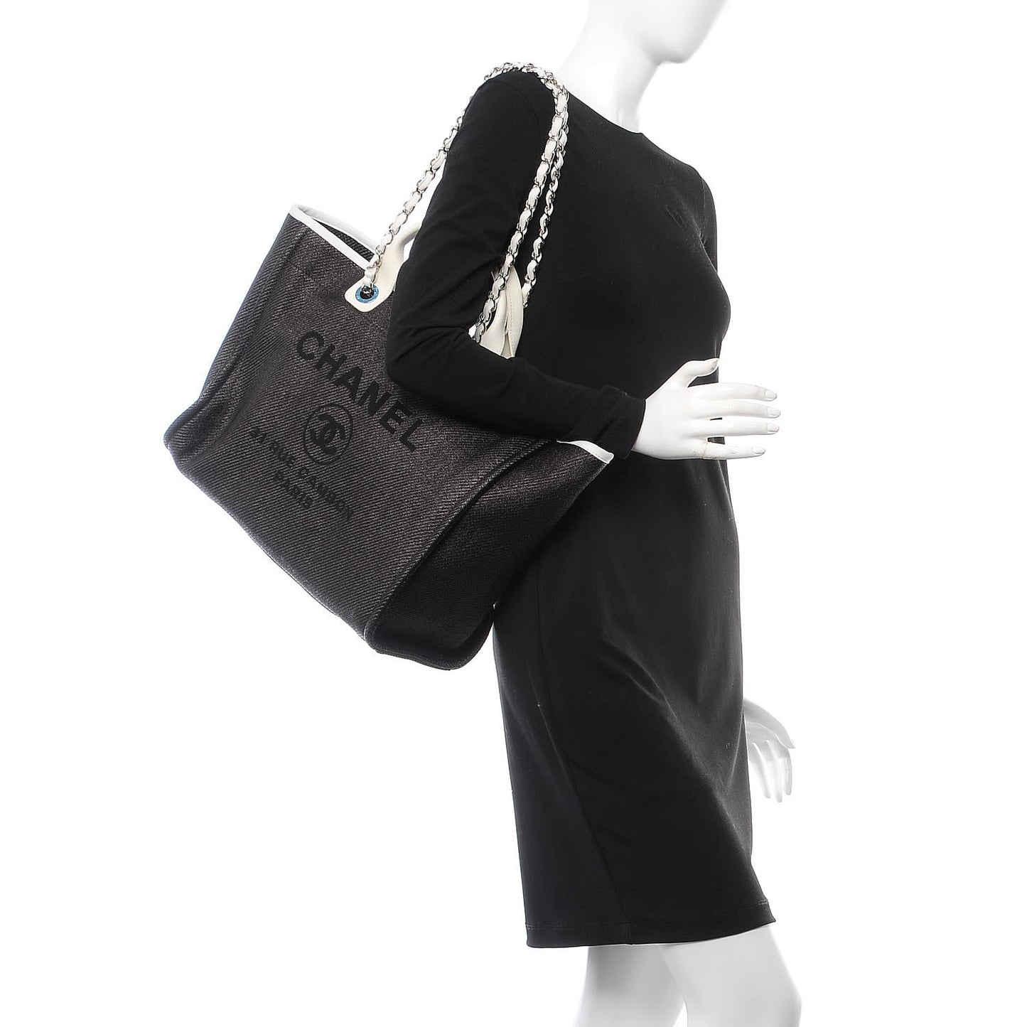 Woven Straw Raffia Large Deauville Tote Black White