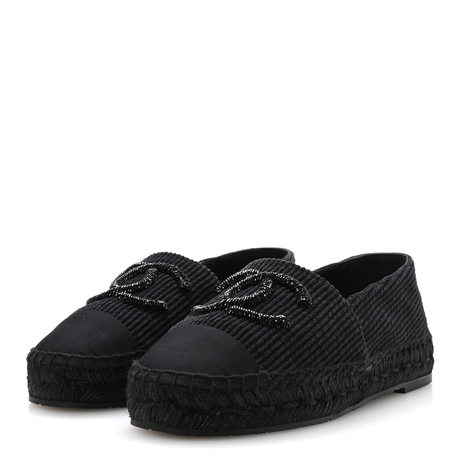 Chanel Corduroy Grosgrain Cap Toe CC Espadrille Flats 39 Black