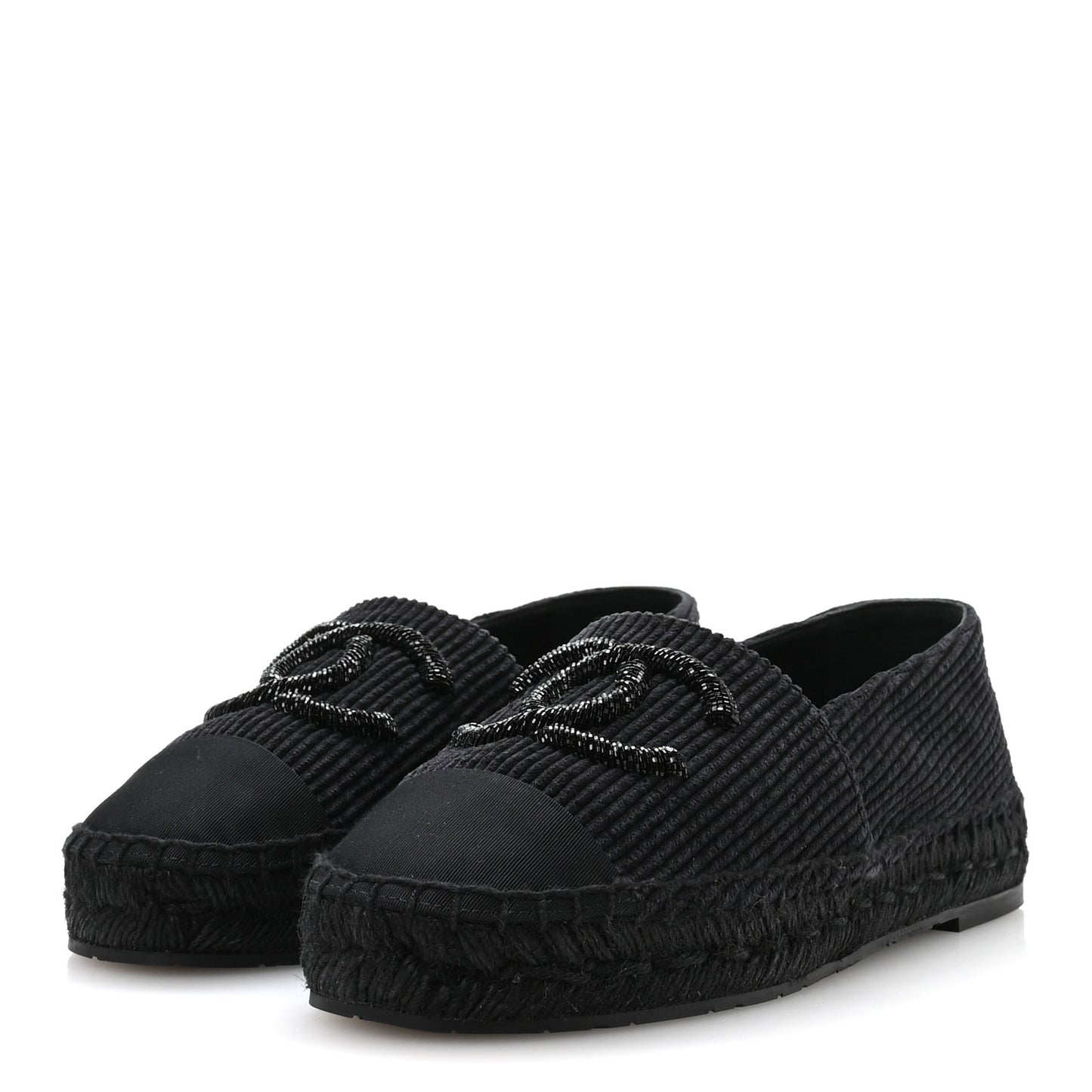 Corduroy Grosgrain Cap Toe CC Espadrille Flats 39 Black