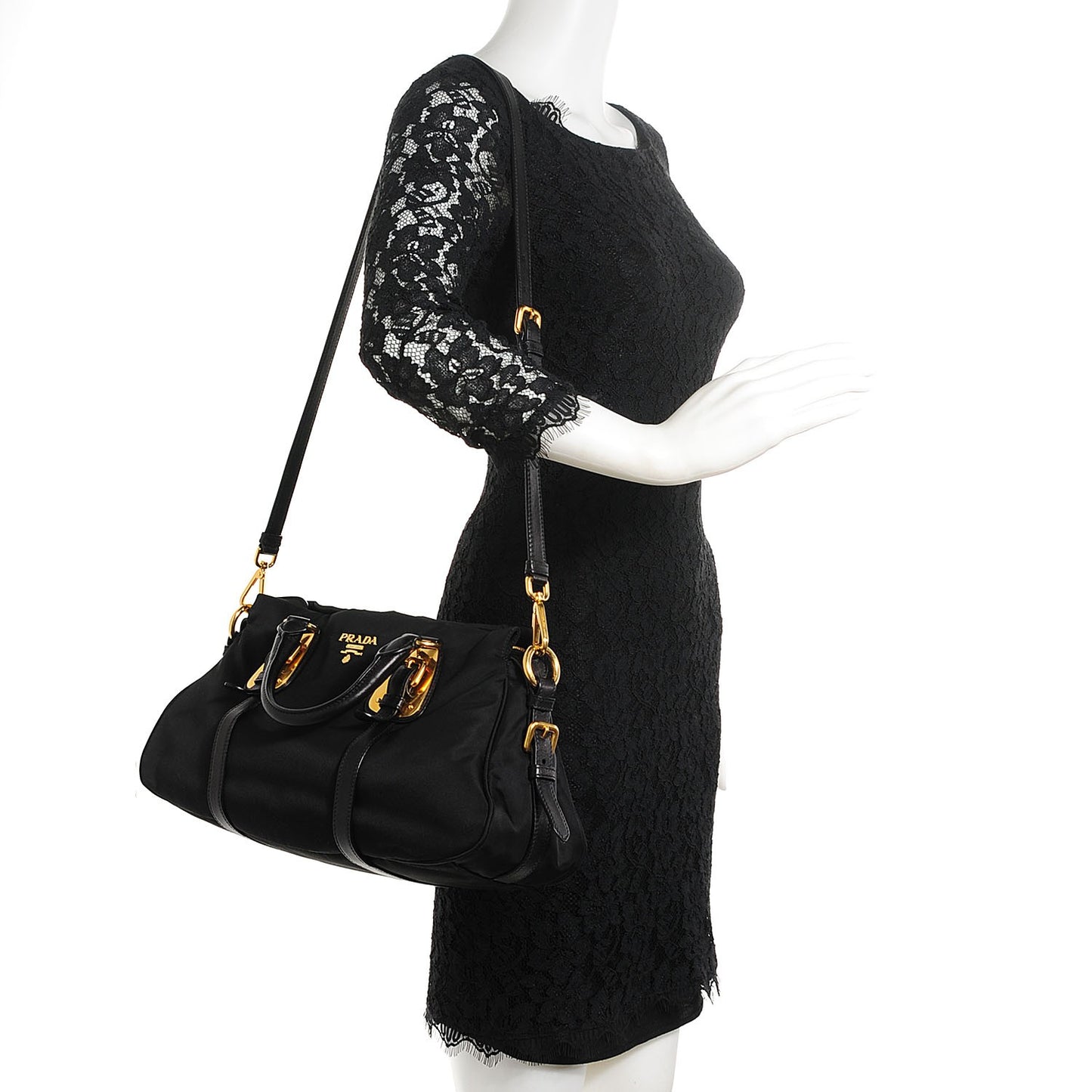 Calfskin Tessuto Nylon Shopping Satchel Black