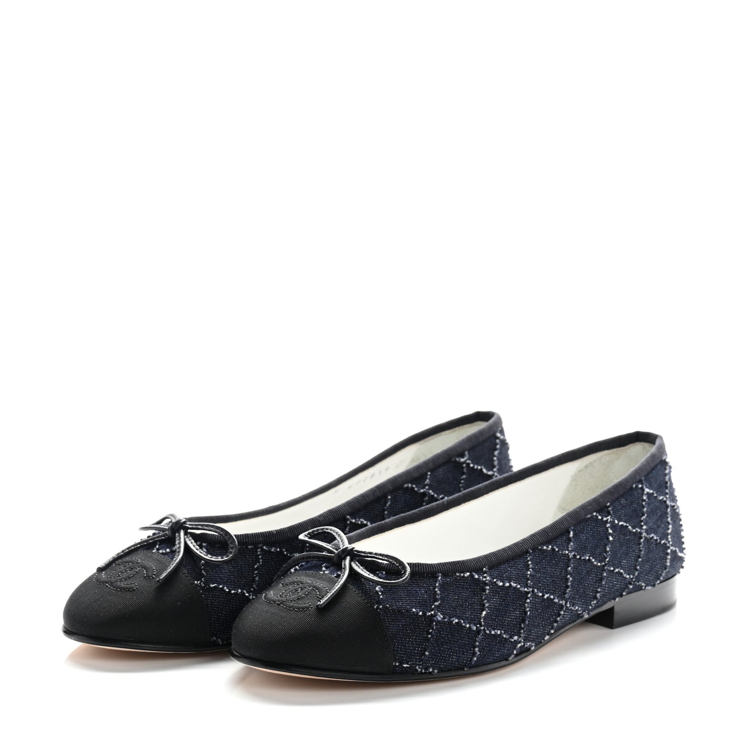 Denim Quilted Grosgrain Cap Toe Ballerina Flats 37 Dark Blue Black