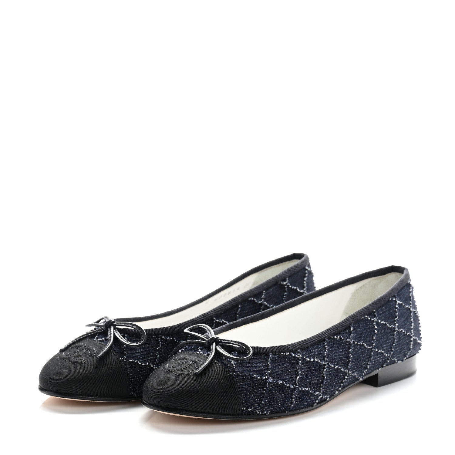 Chanel Denim Quilted Grosgrain Cap Toe Ballerina Flats 37 Dark Blue Black 4 of 9