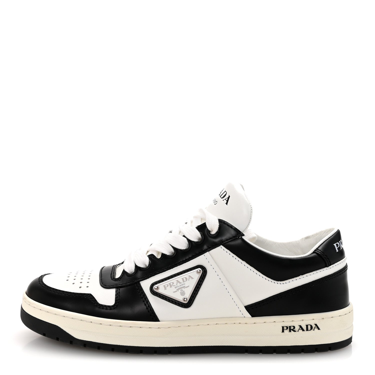 Prada Vitello Sport Spazzolato Rois Triangle Logo Womens Downtown Low Top 30mm Sneakers 37.5 White Black 1 of 10