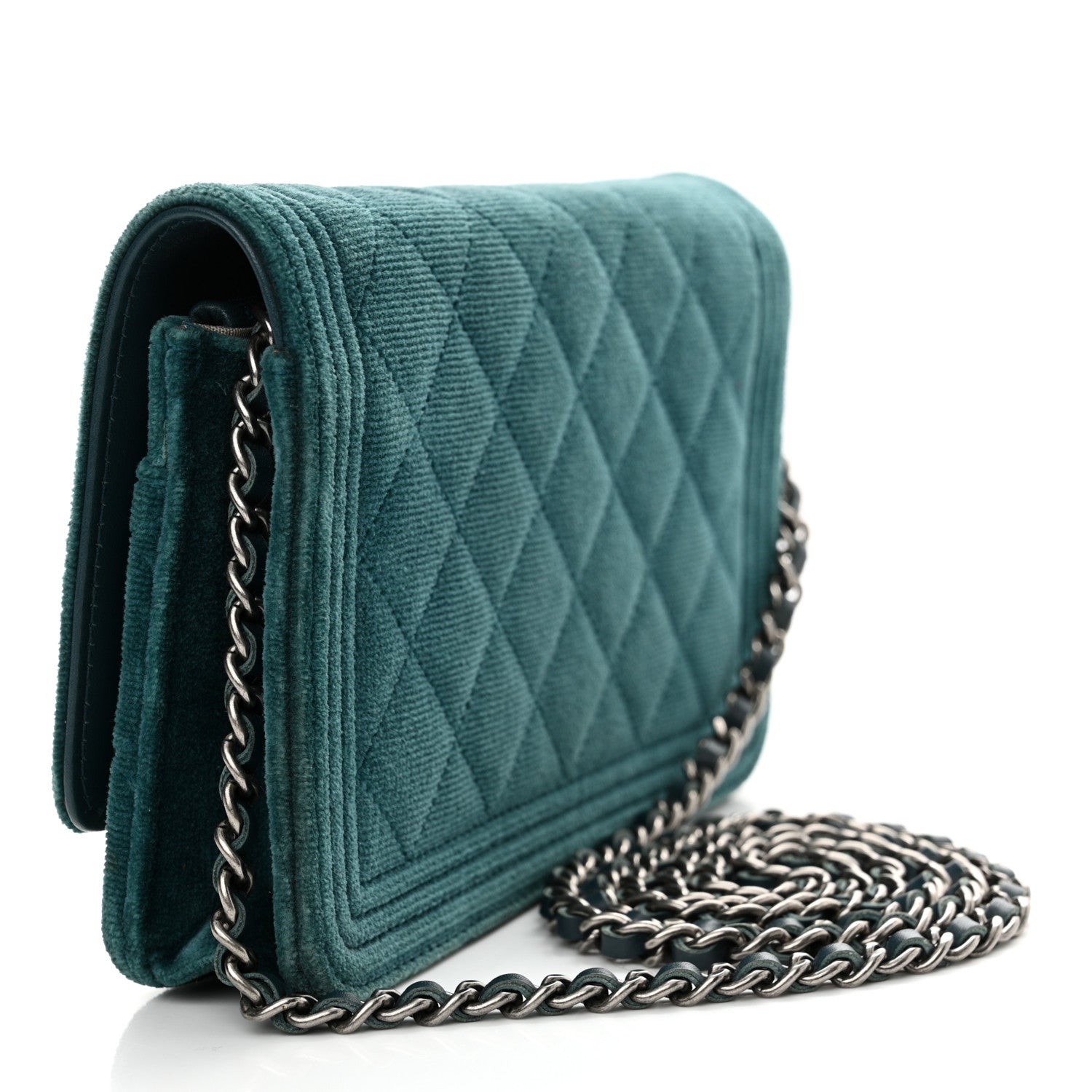 Chanel Velvet Quilted Boy Wallet On Chain WOC Teal 3 of 14
