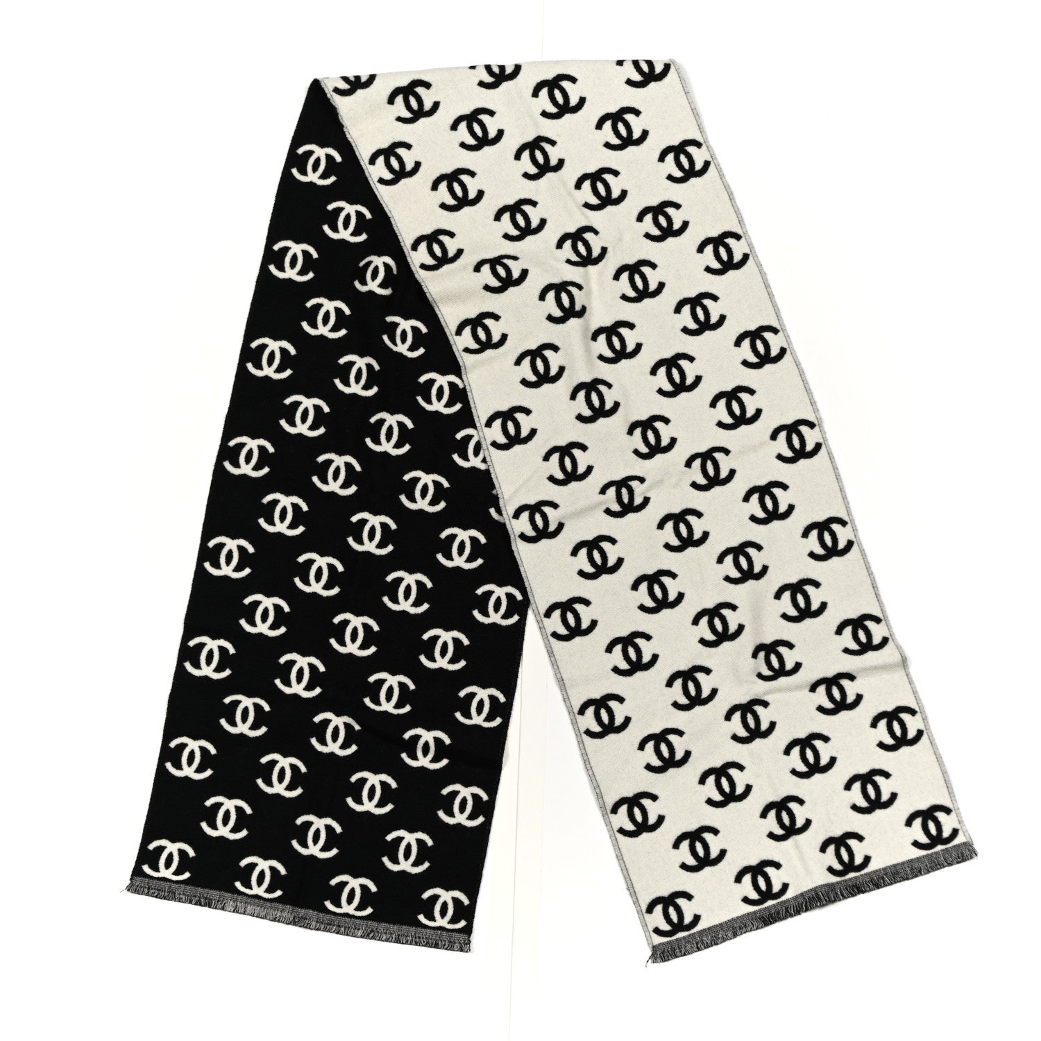 Chanel Wool Cashmere CC Scarf Black White 2 of 4