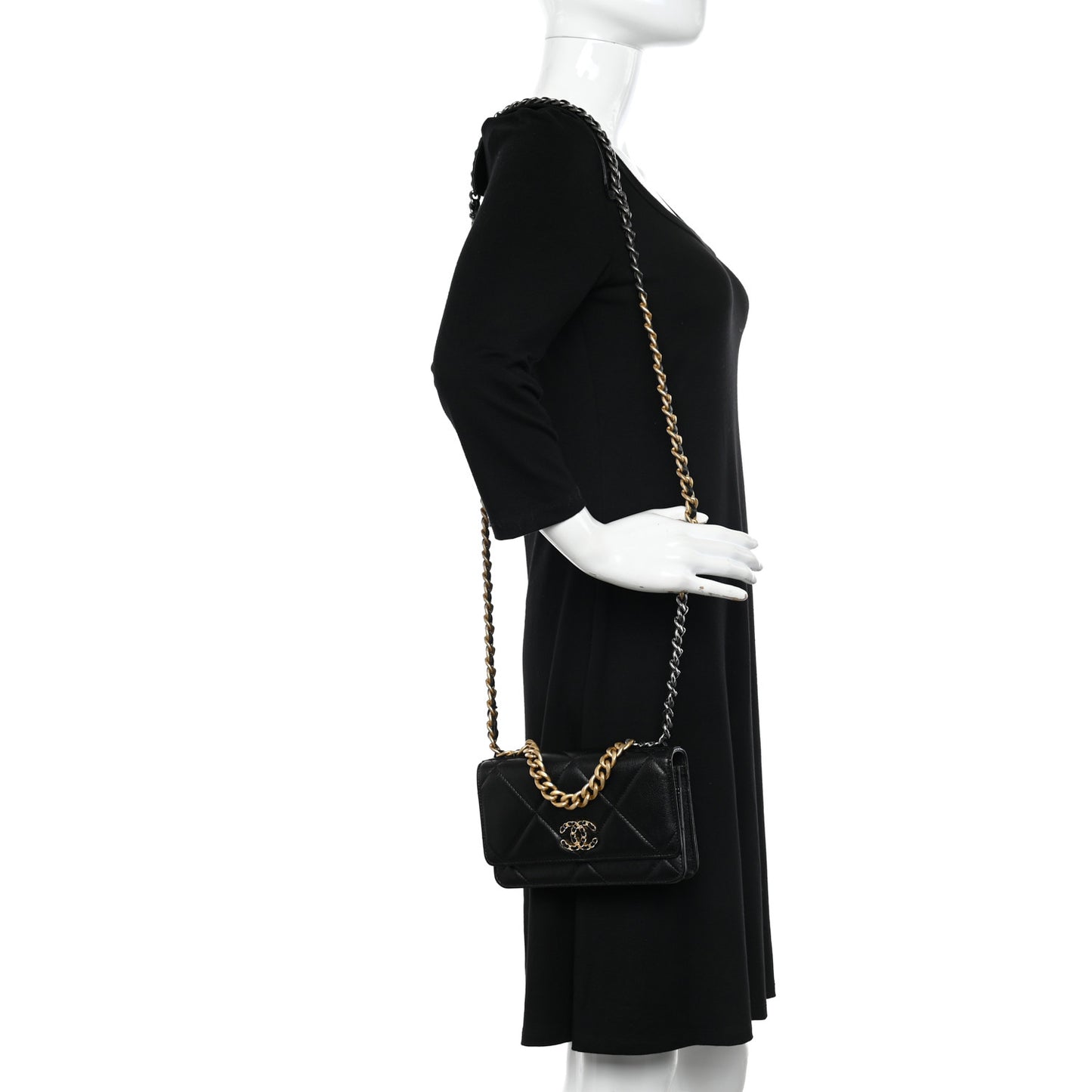 Goatskin Quilted Chanel 19 Wallet On Chain WOC Black