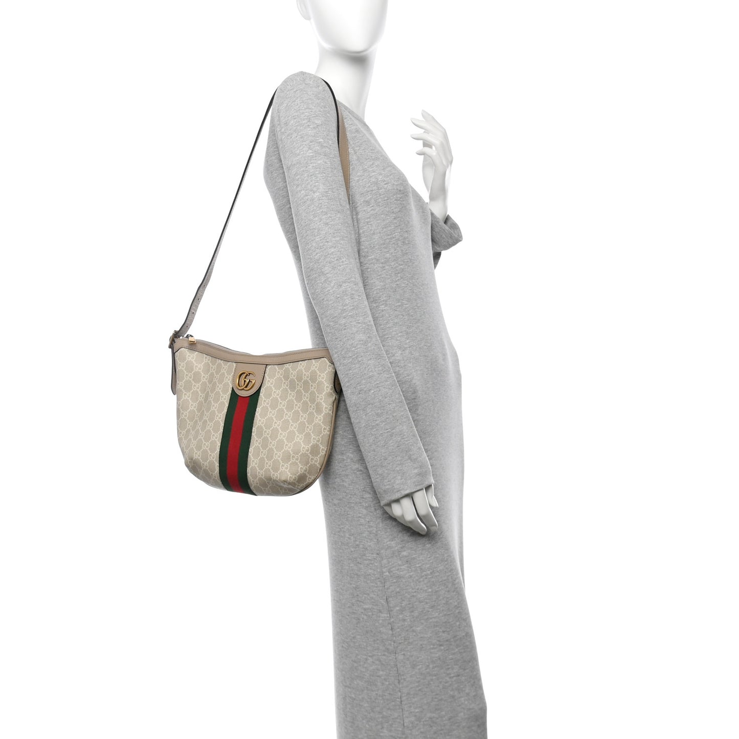 GG Supreme Monogram Textured Dollar Calfskin Web Small Ophidia Half Moon Hobo Beige Mystic White Oatmeal