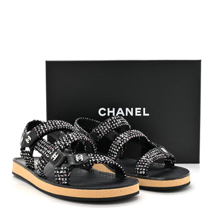 Chanel Glittered Tweed Lambskin Dad Sandals 39.5 Black White 9 of 9