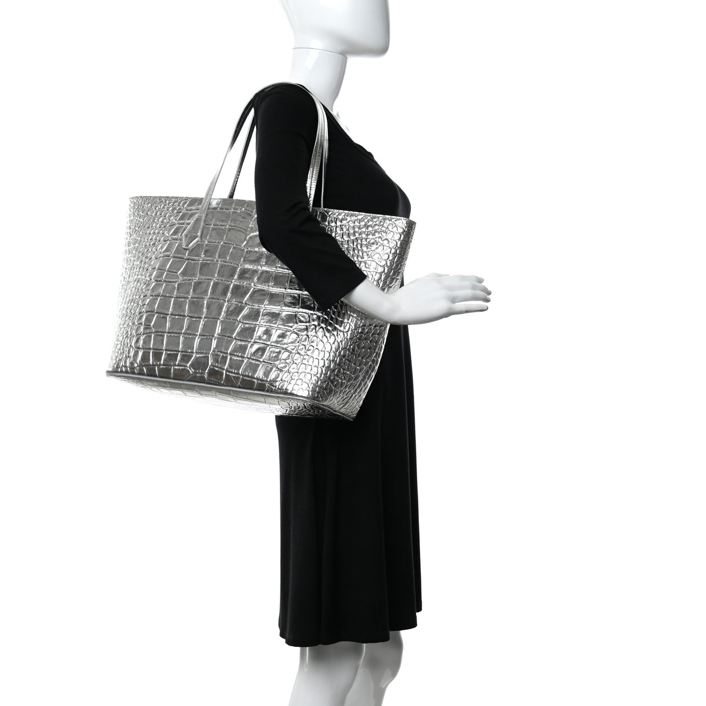 Metallic Calfskin Crocodile Embossed Wing Tote Silver