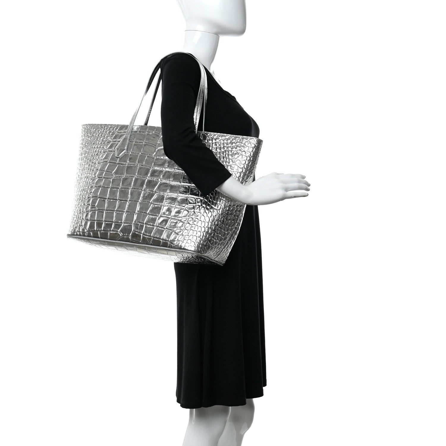 Givenchy Metallic Calfskin Crocodile Embossed Wing Tote Silver 2 of 12