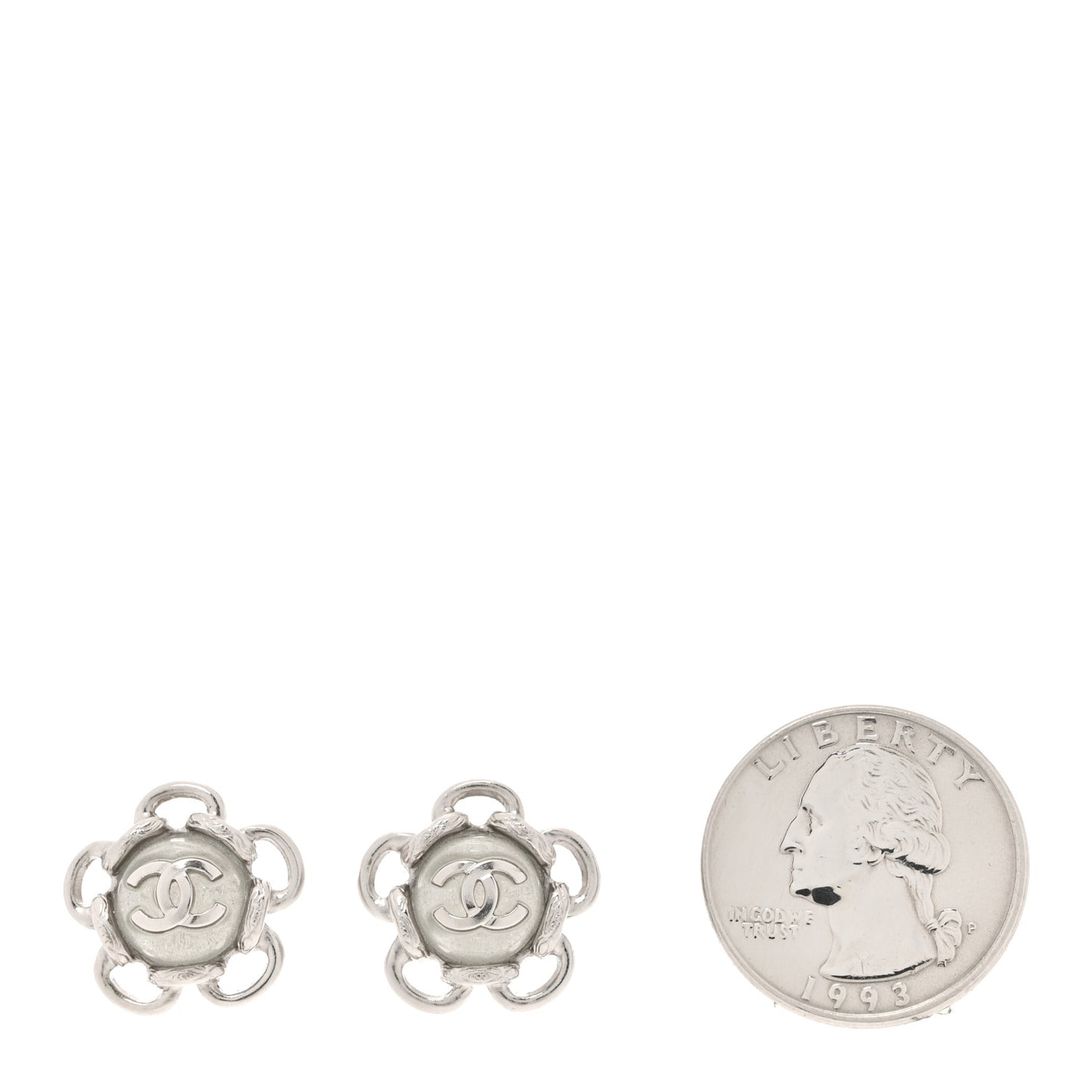 Resin Pearl CC Flower Earrings Silver