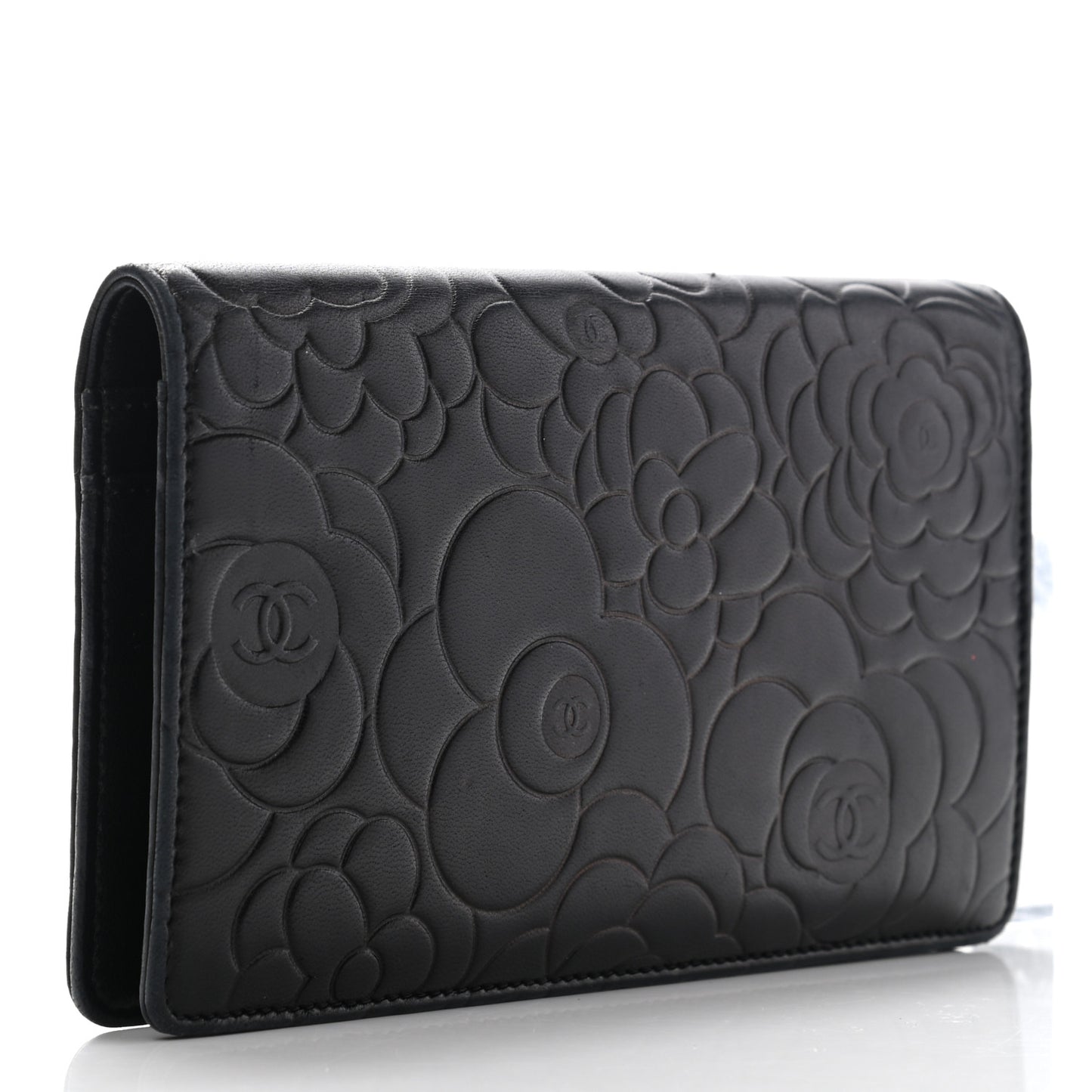 Lambskin Camellia Embossed Yen Wallet Black