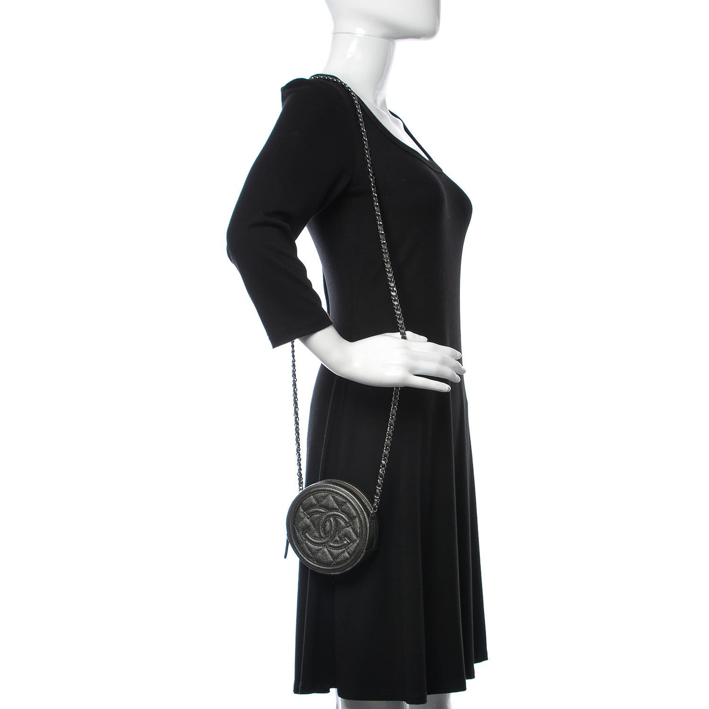 Metallic Caviar Quilted Round Filigree Crossbody Dark Silver